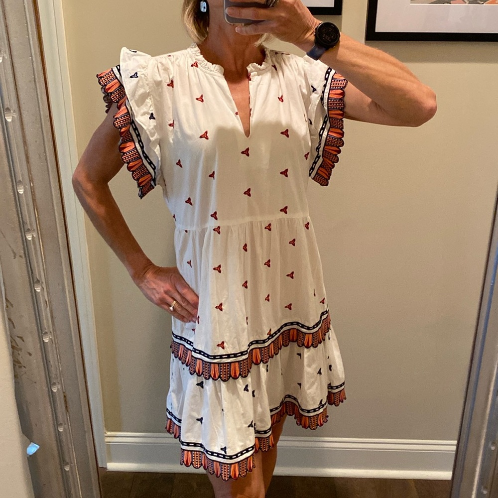 Marie Oliver White Mini Dress with Red & Navy Trim